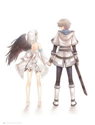 Rule 34 | 1boy, 1girl, artist name, bare back, barefoot, black wings, brown hair, copyright name, detached sleeves, dress, eye contact, feathered wings, fried karim, full body, gloves, green eyes, holding hands, hetero, highres, looking at another, panis angelicus, sheath, shining (series), shining world, short dress, short hair, silver hair, simple background, single wing, sleeveless, sleeveless dress, smile, standing, tony taka, white background, white dress, white gloves, wings