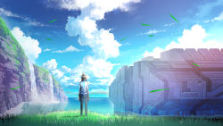 Rule 34 | 1boy, antenna hair, black footwear, black hair, blue pants, blue sky, cliff, cloud, cloudy sky, commentary request, day, facing away, from behind, grass, grey shirt, highres, horizon, long sleeves, male focus, ocean, on grass, original, outdoors, pants, partial commentary, scenery, science fiction, shirt, shoes, sky, solo, standing, suishougensou, water, waterfall