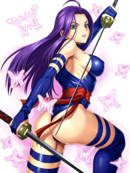 Rule 34 | 10s, 1girl, ahoge, ass, boots, breasts, bridal gauntlets, bug, butterfly, dual wielding, covered erect nipples, eyeshadow, female focus, from behind, green eyes, highres, holding, impossible clothes, bug, katana, large breasts, leotard, long hair, looking at viewer, looking back, makeup, marvel, panties, psylocke, purple hair, skindentation, solo, sword, syunzou, thigh boots, thigh strap, thighhighs, thong, thong leotard, underwear, weapon, x-men