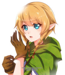Rule 34 | 1girl, blonde hair, blue eyes, blush, braid, enjelicious, gloves, hood, hyrule warriors, linkle, looking at viewer, nintendo, open mouth, pointy ears, simple background, solo, the legend of zelda, twin braids, white background