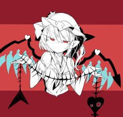 Rule 34 | 1girl, cropped torso, crystal, fish skeleton, flandre scarlet, hat, heart, highres, holding, laevatein, long hair, massakasama, mob cap, neckerchief, pointy ears, red background, red eyes, shirt, short sleeves, side ponytail, solo, spot color, striped, striped background, touhou, upper body, wings