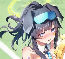Rule 34 | 1girl, aekun cben, animal ears, bare arms, bare legs, bare shoulders, black hair, blue archive, blush, breasts, cheerleader, cleavage, commentary, crop top, dog ears, dog girl, dog tail, eyewear on head, goggles, goggles on head, halo, hand up, hibiki (blue archive), hibiki (cheer squad) (blue archive), long hair, looking at viewer, md5 mismatch, medium breasts, midriff, millennium cheerleader outfit (blue archive), navel, official alternate costume, pleated skirt, pom pom (cheerleading), purple eyes, resolution mismatch, shoes, sitting, skirt, sneakers, solo, source larger, sticker, sticker on face, tail, thighs