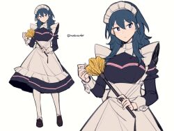 Rule 34 | 1girl, alternate costume, apron, black dress, blue eyes, blue hair, brown footwear, byleth (female) (fire emblem), byleth (fire emblem), do m kaeru, dress, duster, expressionless, feather duster, fire emblem, fire emblem: three houses, full body, hair between eyes, holding, holding duster, long hair, long sleeves, looking at viewer, maid, maid headdress, nintendo, pantyhose, shoes, simple background, twitter username, waist apron, white apron, white background, white pantyhose