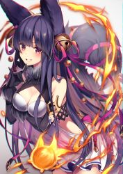 Rule 34 | 1girl, animal ears, bare shoulders, bell, black hair, blurry, blush, breasts, cleavage, depth of field, dress, erune, fire, floating hair, fox ears, fox tail, gloves, granblue fantasy, grin, hair bell, hair ornament, hair ribbon, heart, highres, homaderi, jingle bell, large breasts, leaning forward, long hair, looking at viewer, pink ribbon, red eyes, ribbon, sidelocks, smile, solo, tail, very long hair, wind, yuel (granblue fantasy)