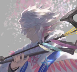 Rule 34 | 1boy, ahoge, bishounen, center frills, closed eyes, fate/grand order, fate (series), flower, flower knot, frills, hair between eyes, hair ornament, holding, holding staff, holding weapon, hood, hood down, hooded robe, long hair, looking to the side, male focus, merlin (fate), multicolored hair, parted lips, petals, pink ribbon, purple eyes, ribbon, robe, solo, staff, tassel, turtleneck, two-tone hair, very long hair, weapon, white hair, white robe, yooget