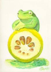 Rule 34 | 1other, animal hands, closed mouth, commentary request, food, frog, fruit, grass, green eyes, hachiya shohei, highres, holding, looking at viewer, no humans, orange (fruit), orange slice, original, scales, simple background, smile, solo, standing, white background
