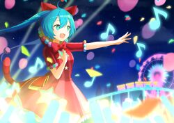 Rule 34 | + +, 1girl, absurdres, animal ears, blue eyes, blue hair, cat ears, cat tail, commentary, confetti, dress, eighth note, fang, ferris wheel, glowing, hair ornament, hand on own chest, hatsune miku, highres, hooded dress, long hair, musical note, neon lights, night, night sky, open mouth, outdoors, outstretched arm, pom pom (clothes), pom pom hair ornament, project sekai, roller coaster, short hair, sky, smile, solo, star (sky), striped clothes, striped dress, striped tail, tail, twintails, very long hair, vocaloid, wonderlands x showtime (project sekai), wonderlands x showtime miku, yaminabe (szhal14)