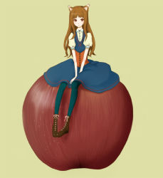 Rule 34 | 1girl, animal ears, apple, bad id, bad pixiv id, blush, boots, brown hair, dress, female focus, food, fruit, full body, highres, holo, long hair, mini person, minigirl, pantyhose, red eyes, simple background, sitting, skirt, smile, solo, spice and wolf, sssshhh, wolf ears