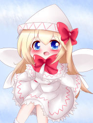 Rule 34 | 1girl, arms behind back, blonde hair, blue eyes, blue sky, blush, bow, bowtie, capelet, chibi, cloud, commentary, fairy wings, hair between eyes, hat, leaning forward, lily white, long hair, open mouth, red bow, red bowtie, shirt, skirt, sky, sleeves past fingers, sleeves past wrists, solo, symbol-only commentary, touhou, very long hair, white hat, white shirt, white skirt, wings, yairenko