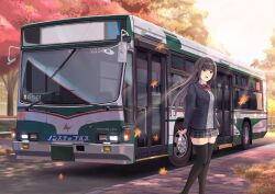 Rule 34 | 1girl, black hair, black jacket, black thighhighs, blazer, bow, bowtie, brown eyes, bus, cardigan, collared shirt, grey cardigan, grey skirt, highres, jacket, leaf, license plate, long hair, long sleeves, maple leaf, motor vehicle, open clothes, open jacket, original, outdoors, plaid, plaid skirt, png pant (bus), red bow, red bowtie, school uniform, second-party source, shirt, sidewalk, skirt, solo, thighhighs, tree, vehicle focus, white shirt