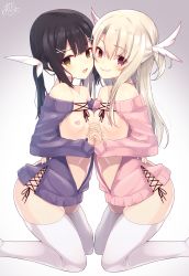 Rule 34 | 2girls, bad id, bad pixiv id, bare shoulders, black hair, blush, breasts, brown eyes, center opening, closed mouth, collarbone, fate/kaleid liner prisma illya, fate (series), feather hair ornament, feathers, gradient background, grey background, hair between eyes, hair ornament, hairclip, heart pasties, highres, hip focus, holding hands, illyasviel von einzbern, interlocked fingers, kneeling, long hair, long sleeves, looking at viewer, miyu edelfelt, multiple girls, navel, off-shoulder, off-shoulder sweater, off shoulder, open mouth, pasties, pink sweater, purple sweater, ramchi, red eyes, signature, small breasts, smile, sweater, thighhighs, thighs, twintails, two side up, white hair, white legwear