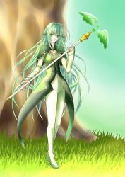 Rule 34 | 00s, 1girl, female focus, full body, green eyes, green hair, long hair, martel yggdrasill, outdoors, plant, shoes, solo, staff, standing, tales of (series), tales of symphonia, tree