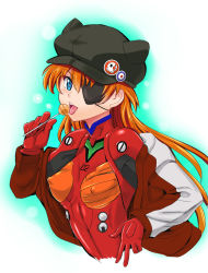 Rule 34 | 1girl, artist request, black hat, blue eyes, bodysuit, breasts, brown hair, candy, cowboy shot, evangelion: 3.0 you can (not) redo, eyepatch, food, hat, highres, jacket, licking, long hair, looking at viewer, neon genesis evangelion, nipples, open clothes, open jacket, open mouth, plugsuit, rebuild of evangelion, red bodysuit, shiny clothes, simple background, solo, souryuu asuka langley, straight hair, swept bangs, tongue, tongue out, very long hair