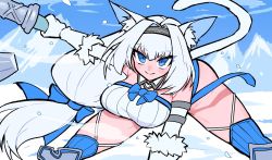 Rule 34 | 1girl, animal ears, blue eyes, breasts, dobrynya nikitich (fate), elbow gloves, fate/grand order, fate (series), gloves, hacco mayu, highres, holding, holding weapon, large breasts, leaning forward, long hair, low-tied long hair, mountainous horizon, smile, snow, tail, thighhighs, thighs, war hammer, weapon, white hair