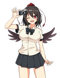Rule 34 | 1girl, absurdres, bird wings, black bow, black bowtie, black hair, black skirt, black wings, blush, bow, bowtie, breasts, camera, collared shirt, cowboy shot, eyelashes, feathered wings, happy, hat, highres, holding, holding camera, large breasts, leo23, miniskirt, one eye closed, open mouth, pleated skirt, red eyes, red hat, shameimaru aya, shirt, short hair, short sleeves, simple background, skirt, tassel, thighs, tokin hat, touhou, white background, white shirt, wings
