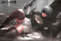 Rule 34 | 1girl, absurdres, bad anatomy, black blindfold, black gloves, black hairband, black thighhighs, blindfold, breasts, cleavage, cleavage cutout, clothing cutout, covered navel, death, english text, feather trim, gloves, grey hair, hairband, highres, holding, holding sword, holding weapon, katana, logo, lu ka, lying, nier (series), nier:automata, on side, parted lips, pink lips, pod (nier:automata), robot, ruins, short hair, steam, sword, thighhighs, weapon, 2b (nier:automata), a2 (nier:automata)
