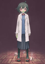 Rule 34 | 1girl, @ @, ahoge, bags under eyes, beaker, black hair, black pantyhose, black skirt, blue sweater, blush, brown background, chiyo maru, coat, collared shirt, commentary request, drooling, drugged, erlenmeyer flask, flask, glasses, glowing liquid, half-closed eyes, highres, holding, holding flask, lab coat, long skirt, long sleeves, looking at viewer, medium hair, messy hair, neck ribbon, open clothes, open coat, original, pantyhose, pleated skirt, red eyes, red ribbon, ribbon, shirt, skirt, slippers, solo, straight-on, sweater, white coat, white shirt, wooden floor