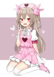 Rule 34 | &gt; &lt;, 1girl, :d, apron, armband, bad id, bad pixiv id, bandaged arm, bandages, blush, canape (canape0130), center frills, collared shirt, commentary request, fang, frills, full body, hair between eyes, hair ornament, hat, heart, index finger raised, light brown hair, long hair, looking at viewer, natori sana, nurse cap, open mouth, pink apron, pink footwear, pink hat, pleated skirt, puffy short sleeves, puffy sleeves, rabbit hair ornament, red eyes, sana channel, shirt, shoes, short sleeves, sitting, skirt, smile, solo, thighhighs, two side up, very long hair, virtual youtuber, wariza, white shirt, white skirt, white thighhighs