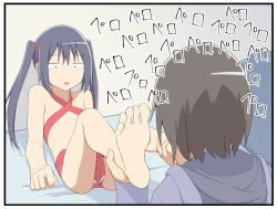 Rule 34 | 1boy, 1girl, bad id, bad pixiv id, barefoot, black hair, bow, brown hair, feet, licking foot, gift wrapping, licking, lying, naked ribbon, on back, original, ribbon, salpin, soles, speech bubble, translated, twintails