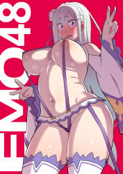 Rule 34 | 1girl, blush, breasts, cowboy shot, curvy, double v, embarrassed, emilia (re:zero), from below, groin, highres, large breasts, legs, long hair, looking at viewer, navel, nipples, open mouth, pink eyes, re:zero kara hajimeru isekai seikatsu, red background, revealing clothes, simple background, slingshot swimsuit, solo, standing, sweatdrop, swimsuit, tetrodotoxin, thighhighs, thighs, v, white hair, wide sleeves