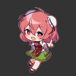 1girl :d ahoge azurereindeer bandaged_arm bandages blush bright_pupils brown_footwear brown_tabard bun_cover chain chibi chibi_only cuffs double_bun full_body green_skirt hair_between_eyes hair_bun highres ibaraki_kasen index_finger_raised looking_at_viewer open_mouth pink_eyes pink_hair ribbon-trimmed_skirt ribbon_trim shackles shirt shoes short_hair short_sleeves simple_background skirt smile solo tabard touhou white_pupils white_shirt