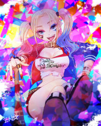 Rule 34 | 1girl, animification, bad id, bad pixiv id, batman (series), blonde hair, blue eyes, breasts, dc comics, dccu, harley quinn, highres, jacket, makeup, mascara, medium breasts, multicolored clothes, smile, solo, suicide squad, twintails, zenyu