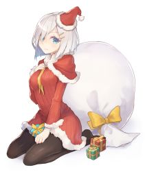 Rule 34 | 10s, 1girl, alternate costume, black pantyhose, blue eyes, bow, box, capelet, dress, full body, fur trim, gi (melmail), gift, gift bag, gift box, hair ornament, hair over one eye, hairclip, hamakaze (kancolle), hand on lap, hand on own chest, hat, kantai collection, kneeling, looking at viewer, no shoes, pantyhose, santa costume, santa hat, short hair, simple background, solo, sweater, sweater dress, wavy mouth, white background, white hair