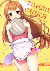 Rule 34 | 1girl, :3, ahoge, aidumi, apron, bad id, bad twitter id, blush, brown eyes, brown hair, character name, copyright name, dress, ensemble girls!, long hair, looking at viewer, low-tied long hair, meandros, smile, solo, tohmi chika, tray