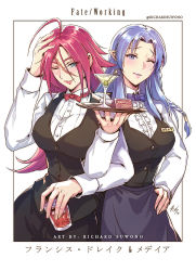 Rule 34 | 2girls, ahoge, alternate costume, apron, artist name, bartender, black vest, blue eyes, blue hair, bow, bowtie, braid, breasts, medea (fate), commentary, cup, drinking glass, english commentary, fate/extra, fate/grand order, fate/stay night, fate (series), francis drake (fate), hand on own hip, hand on own head, holding, holding cup, holding plate, large breasts, locked arms, long hair, looking at viewer, multiple girls, name tag, olive, one eye closed, plate, pointy ears, purple hair, richard suwono, scar, scar on face, shirt, side braid, translation request, vest, white background, white shirt