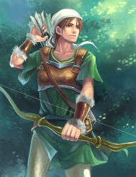 Rule 34 | 1boy, arrow (projectile), bow (weapon), bracer, brown eyes, brown hair, fire emblem, fire emblem: genealogy of the holy war, frontier town, green background, hat, jamke (fire emblem), male focus, nintendo, outdoors, quiver, solo, standing, tunic, weapon, white hat