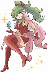 Rule 34 | 1girl, :d, boots, breasts, cleavage, dragonstone, dress, fire emblem, fire emblem awakening, full body, gloves, green eyes, green hair, high heel boots, high heels, highres, kiriya (552260), looking at viewer, medium breasts, nintendo, open mouth, pointy ears, ponytail, red dress, red footwear, red gloves, sleeveless, sleeveless dress, smile, solo, thigh boots, tiara, tiki (adult) (fire emblem), tiki (fire emblem), twitter username, white background