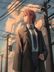 Rule 34 | 1girl, absurdres, ao desu2222, black coat, black necktie, braid, braided ponytail, chainsaw man, coat, collared shirt, evening, highres, long coat, long hair, looking to the side, makima (chainsaw man), necktie, red hair, shirt, sidelocks, solo, standing, utility pole, white shirt