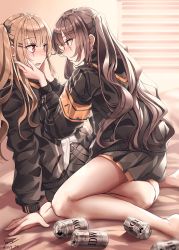 Rule 34 | 2girls, armband, beer can, black jacket, black skirt, blush, brown eyes, brown hair, can, drink can, eye contact, female focus, girls&#039; frontline, hands on another&#039;s face, highres, hood, hooded jacket, jacket, long hair, looking at another, multiple girls, pleated skirt, scar, scar across eye, scar on face, siblings, signature, sisters, skirt, twins, twintails, twitter username, ump45 (girls&#039; frontline), ump9 (girls&#039; frontline), yp7 (vvy), yuri