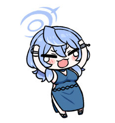 Rule 34 | 1girl, ako (blue archive), ako (dress) (blue archive), arms up, black footwear, blue archive, blue dress, blue hair, blue halo, blush stickers, breasts, chan co, chibi, cleavage, closed eyes, commentary, dress, full body, hair between eyes, halo, large breasts, long hair, open mouth, sideboob, sleeveless, sleeveless dress, solo, tearing up, v-shaped eyebrows