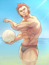 Rule 34 | 1boy, ball, bara, beach, beachball, beard, blue eyes, brown hair, clear sky, day, facial hair, fate/grand order, fate (series), long sideburns, looking at viewer, male focus, muscular, napoleon bonaparte (fate), navel, scar, topless male, sideburns, sky, smile, solo, sunlight, swimsuit, thighs, water