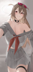Rule 34 | 1girl, absurdres, alchemy stars, bare shoulders, blurry, blurry background, breasts, brown hair, ceiling light, choker, cleavage, collarbone, commentary request, crop top, eyewear on head, grey shirt, grey skirt, highres, indoors, large breasts, long hair, looking at viewer, neckerchief, o-ring, o-ring choker, off shoulder, open mouth, red eyes, red neckerchief, ruby (alchemy stars), shirt, short sleeves, skirt, smile, so shio, solo, sunglasses, teeth, thigh strap, two side up
