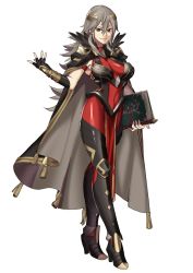 Rule 34 | 1girl, alternate costume, black gloves, book, breasts, cape, closed mouth, ebinku, fingerless gloves, fire emblem, fire emblem heroes, full body, gloves, grey hair, hair ornament, high heels, holding, holding book, large breasts, long hair, nintendo, red eyes, simple background, solo, standing, thrasir (fire emblem), white background