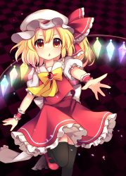 Rule 34 | &gt;:o, 1girl, :o, absurdres, black background, black legwear, blonde hair, brooch, checkered background, chestnut mouth, commentary request, crystal, flandre scarlet, frilled shirt, frilled shirt collar, frilled skirt, frilled sleeves, frills, glowing, glowing wings, gradient eyes, hair between eyes, hat, hat ribbon, highres, jewelry, leg up, looking away, mary janes, medium hair, medium skirt, mob cap, multicolored eyes, outstretched arm, pink footwear, puffy short sleeves, puffy sleeves, purple background, reaching, reaching towards viewer, red eyes, red ribbon, red skirt, red vest, ribbon, ruhika, shirt, shoes, short sleeves, side ponytail, skirt, skirt set, solo, standing, standing on one leg, touhou, v-shaped eyebrows, vest, white hat, white shirt, wings, wrist cuffs, yellow eyes, yellow neckwear