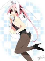 Rule 34 | 10s, 1girl, animal ears, blush, breasts, fake animal ears, harusame (kancolle), high heels, kantai collection, leotard, long hair, looking at viewer, pantyhose, pink eyes, pink hair, playboy bunny, rabbit ears, rabbit tail, side ponytail, simple background, small breasts, solo, tail, tears, twitter username, wara (warapro), wrist cuffs