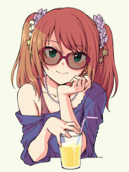 Rule 34 | 10s, 1boy, blouse, closed mouth, cup, drinking glass, hand on own chin, head rest, idolmaster, idolmaster side-m, jewelry, looking at viewer, male focus, mizushima saki, necklace, pas (paxiti), purple shirt, shirt, single bare shoulder, smile, sunglasses, trap, twintails, upper body