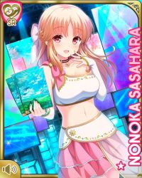 Rule 34 | 1girl, :d, bow, breasts, brown eyes, card (medium), day, dress, game show, girlfriend (kari), hair bow, indoors, large breasts, light brown hair, long hair, looking at viewer, midriff, navel, official art, open mouth, pink bow, pink dress, purple bow, qp:flapper, sasahara nonoka, shirt, smile, standing, tagme, white shirt