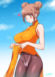Rule 34 | 1girl, artist name, bare arms, bare shoulders, blue sky, blunt bangs, blush, breasts, brown eyes, brown hair, brown pantyhose, china dress, chinese clothes, clothes lift, cloud, commentary request, cowboy shot, crotch seam, day, double bun, dress, dress lift, hair bun, healin&#039; good precure, high-waist pantyhose, highleg, highleg panties, hiramitsu hinata, joy ride, large breasts, lifted by self, looking away, looking down, orange dress, outdoors, panties, panties under pantyhose, pantyhose, parted lips, pelvic curtain, precure, short hair, sidelocks, sky, sleeveless, sleeveless dress, solo, sparkle, underwear, white panties