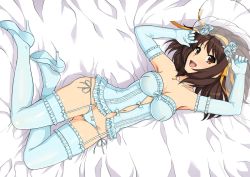 Rule 34 | 1girl, bare shoulders, bed, bow, bow bra, bow panties, bra, breasts, bridal gauntlets, bridal veil, brown eyes, brown hair, elbow gloves, frilled thighhighs, frills, garter straps, gloves, hairband, haruhisky, high heels, lingerie, looking at viewer, lying, medium breasts, navel, on back, open mouth, orange hairband, panties, solo, string panties, suzumiya haruhi, suzumiya haruhi no yuuutsu, thighhighs, underwear, veil