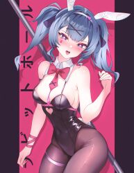 Rule 34 | 1girl, animal ears, arm at side, artist name, bare shoulders, black leotard, black pantyhose, black ribbon, blue hair, blush, bow, bowtie, breasts, clothing cutout, commentary, covered navel, cutout above navel, detached collar, fake animal ears, fake tail, hair ornament, hair ribbon, hand up, hatsune miku, heart, heart-shaped pupils, heart cutout, highleg, highleg leotard, highres, large breasts, leotard, long hair, looking at viewer, open mouth, pantyhose, pink ribbon, playboy bunny, pole, purple eyes, rabbit ears, rabbit hole (vocaloid), rabbit tail, red bow, red bowtie, ribbon, sk jynx, solo, symbol-only commentary, symbol-shaped pupils, tail, teardrop facial mark, thigh strap, tongue, tongue out, translation request, twintails, vocaloid, x hair ornament
