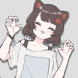 Rule 34 | 1girl, 2015ma14, animal ears, black tank top, blush, brown hair, casual, claw pose, collarbone, commentary, dog ears, closed eyes, facing viewer, fangs, flat chest, flower, grey background, hair flower, hair ornament, head tilt, inui toko, nijisanji, off-shoulder shirt, off shoulder, official alternate costume, open mouth, romaji commentary, shirt, short hair, simple background, smile, solo, tank top, upper body, virtual youtuber, white shirt, wristband