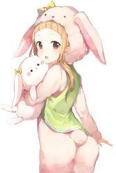Rule 34 | 10s, 1girl, animal costume, ass, back, blonde hair, blush, brown eyes, forehead, highres, holding, holding stuffed toy, ichihara nina, idolmaster, idolmaster cinderella girls, long hair, looking at viewer, looking back, niito, open mouth, rabbit costume, simple background, smile, solo, stuffed animal, stuffed rabbit, stuffed toy, white background