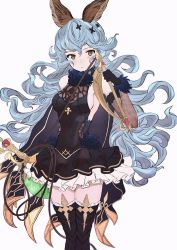 Rule 34 | 1girl, animal ears, armpits, backless outfit, bad id, bad twitter id, bare back, belt, black gloves, blue hair, blue skirt, breasts, brown gloves, cape, earrings, erune, ferry (granblue fantasy), gloves, granblue fantasy, highres, hoop earrings, jewelry, long hair, loose belt, rabbit ears, sideboob, simple background, single earring, skirt, small breasts, solo, thighhighs, thighs, wavy hair, whip, yellow eyes