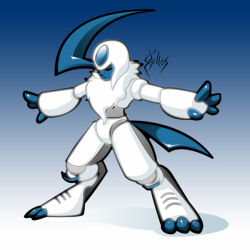 Rule 34 | absol, blue background, claws, creatures (company), full body, game freak, gen 3 pokemon, horns, nintendo, no humans, outstretched arms, pokemon, pokemon (creature), simple background, solo, standing, x&#039;ellos