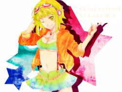 Rule 34 | 1girl, caco, goggles, goggles on head, green eyes, green hair, gumi, headphones, jacket, looking at viewer, matching hair/eyes, gumi (v3 megpoid), midriff, navel, short hair, shorts, skirt, smile, solo, suspenders, vocaloid, wink