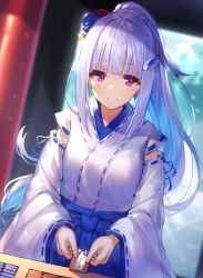 Rule 34 | 1girl, alternate hairstyle, blue flower, blue hair, blue hakama, blurry, blurry background, blush, closed mouth, colored inner hair, commentary request, day, depth of field, flower, hair flower, hair ornament, hakama, hakama skirt, highres, holding, japanese clothes, kimono, lize helesta, long hair, long sleeves, looking at viewer, miko, multicolored hair, nijisanji, outdoors, ponytail, purple eyes, red flower, ribbon-trimmed sleeves, ribbon trim, silver hair, skirt, sleeves past wrists, smile, solo, two-tone hair, very long hair, virtual youtuber, white kimono, wide sleeves, yuuki nao (pixiv10696483)